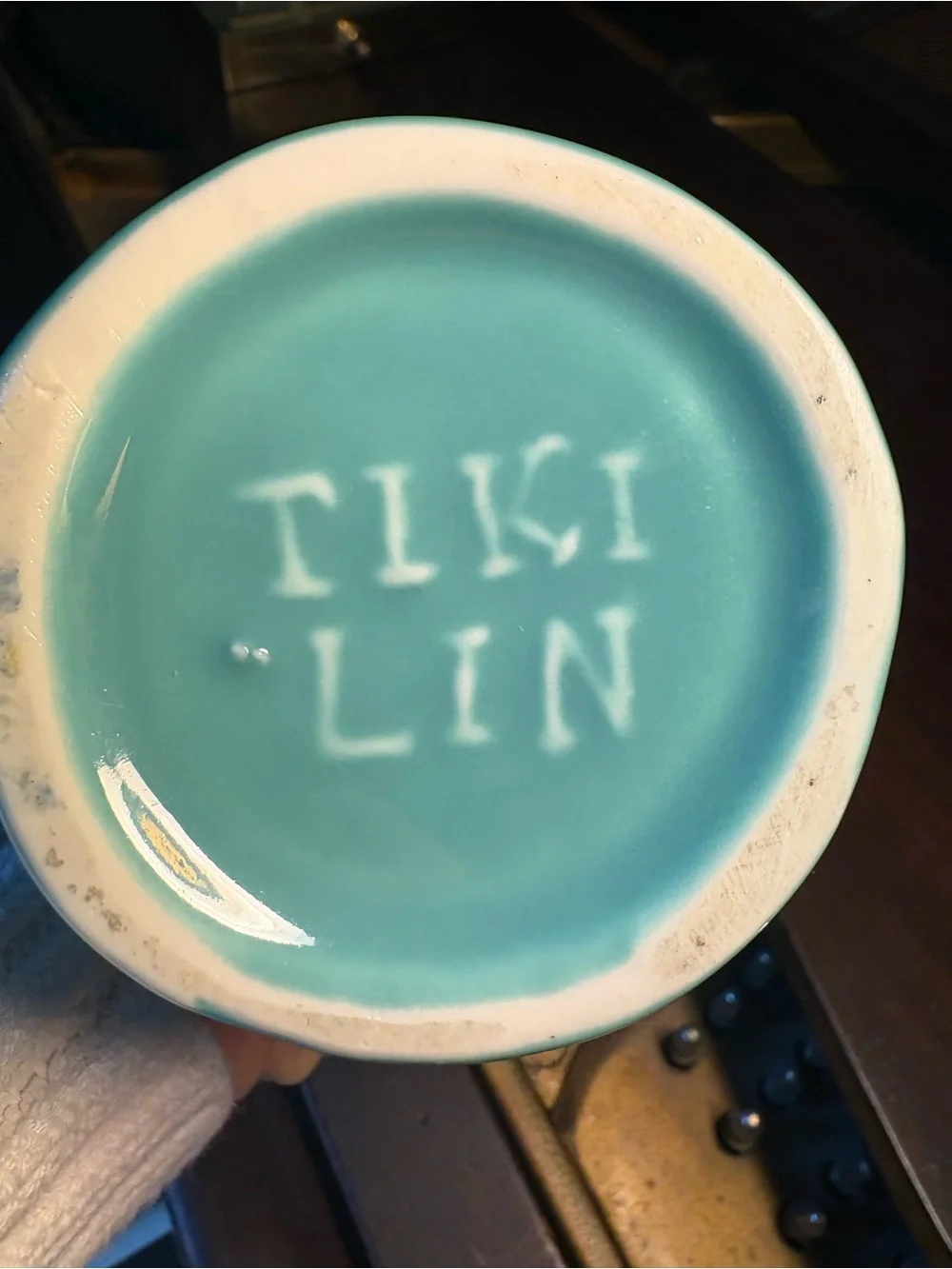 RARE Turquoise Tiki Lin Ceramic Pottery Tiki Mug Totem Face Red Eyes
